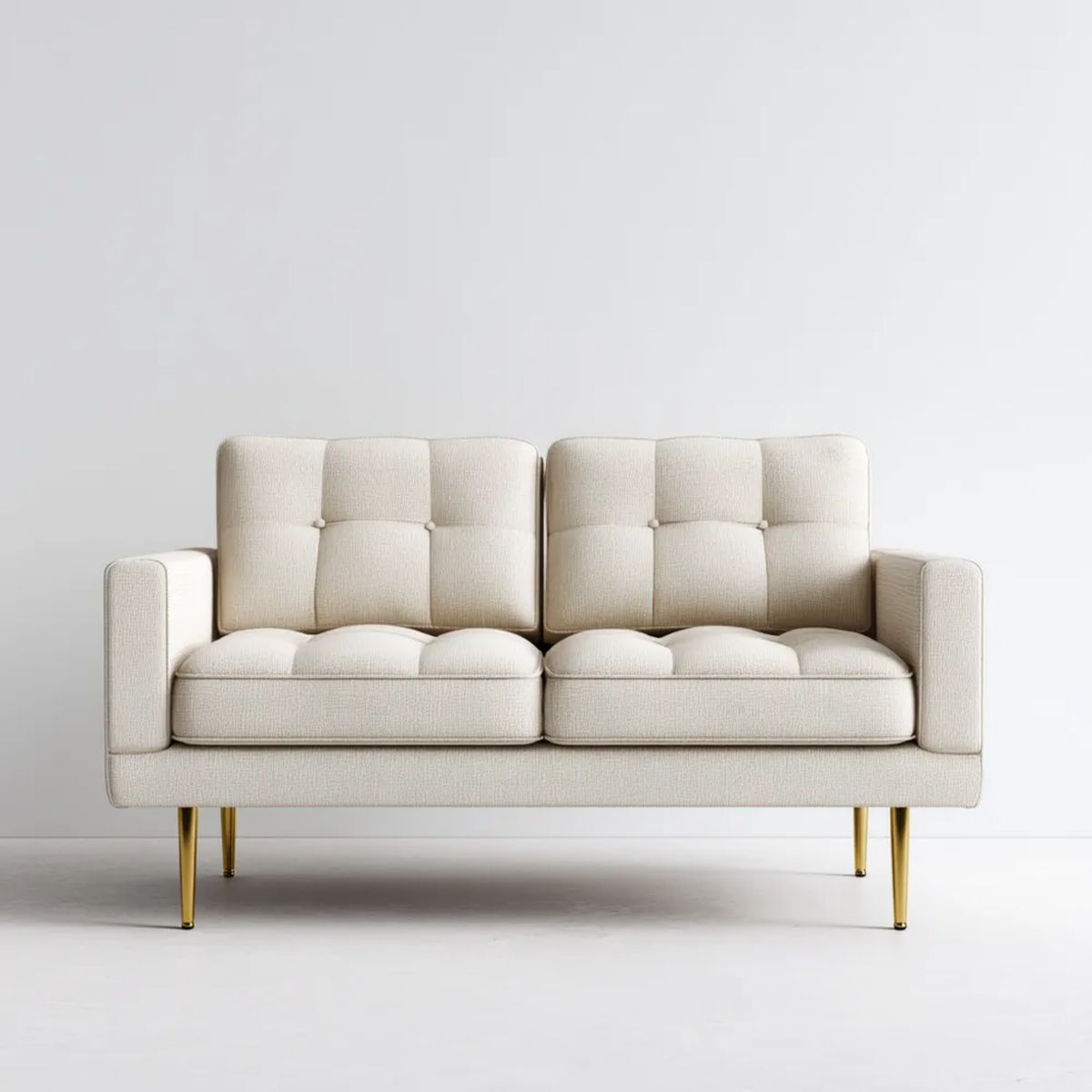 Kremowa sofa dwuosobowa z tapicerką poliestrową i złotymi metalowymi nogami, 160 × 85 × 90 cm