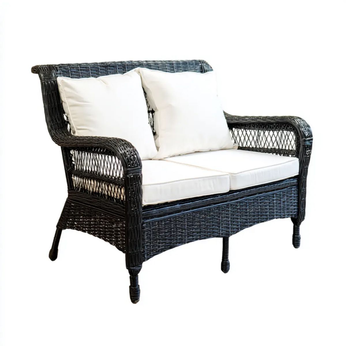 Dwuosobowa sofa ogrodowa z rattanu czarna z kremowymi poduszkami, 120 x 70 x 85 cm