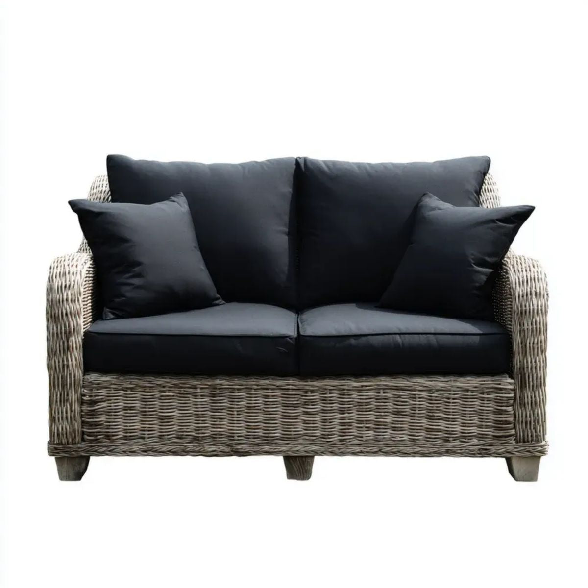 Dwuosobowa sofa ogrodowa z naturalnego rattanu, szarobrązowa z czarnymi poduszkami, 130 x 80 x 85 cm