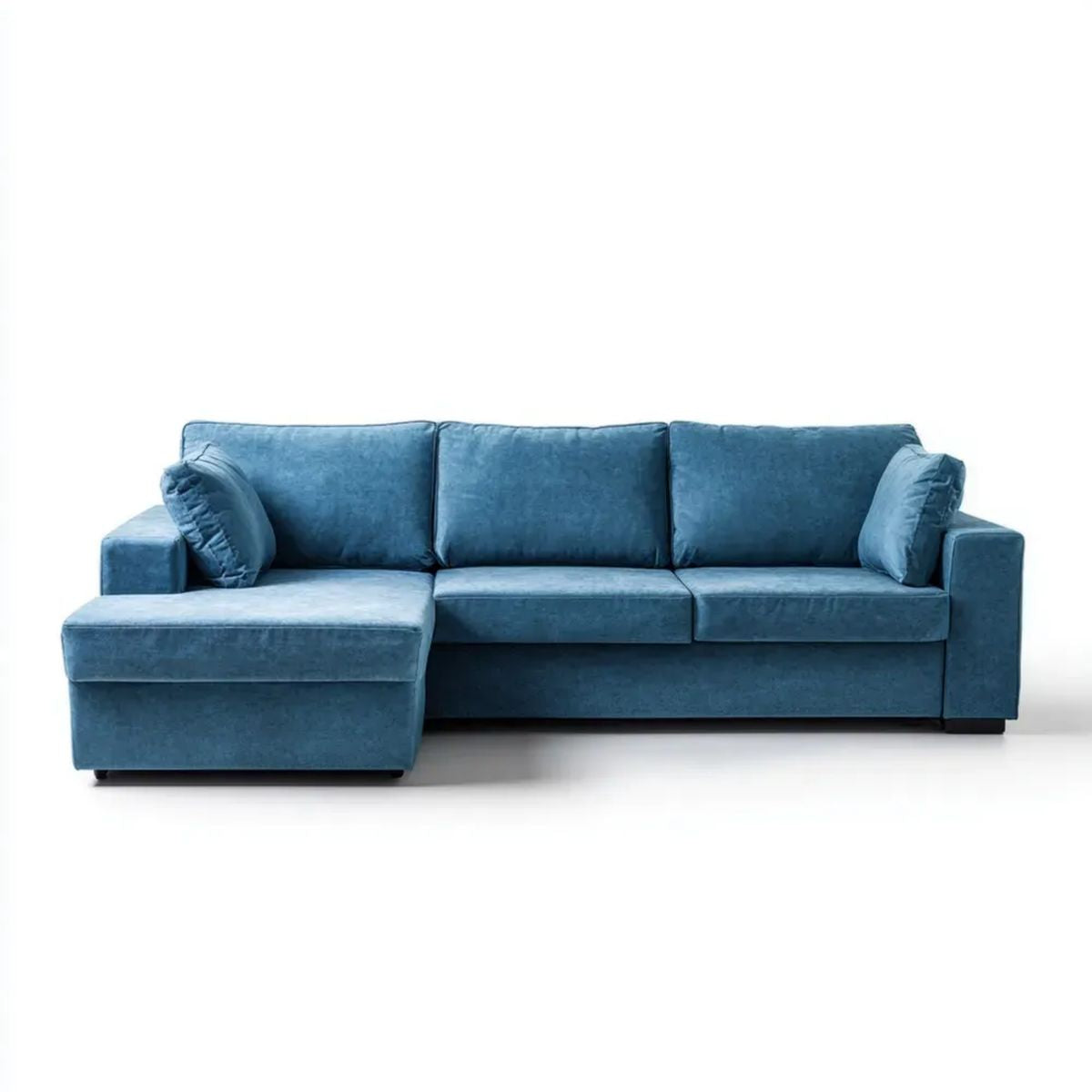 Niebieska sofa narożna z lewostronnym szezlongiem, welurowa, 250 x 160 x 85 cm