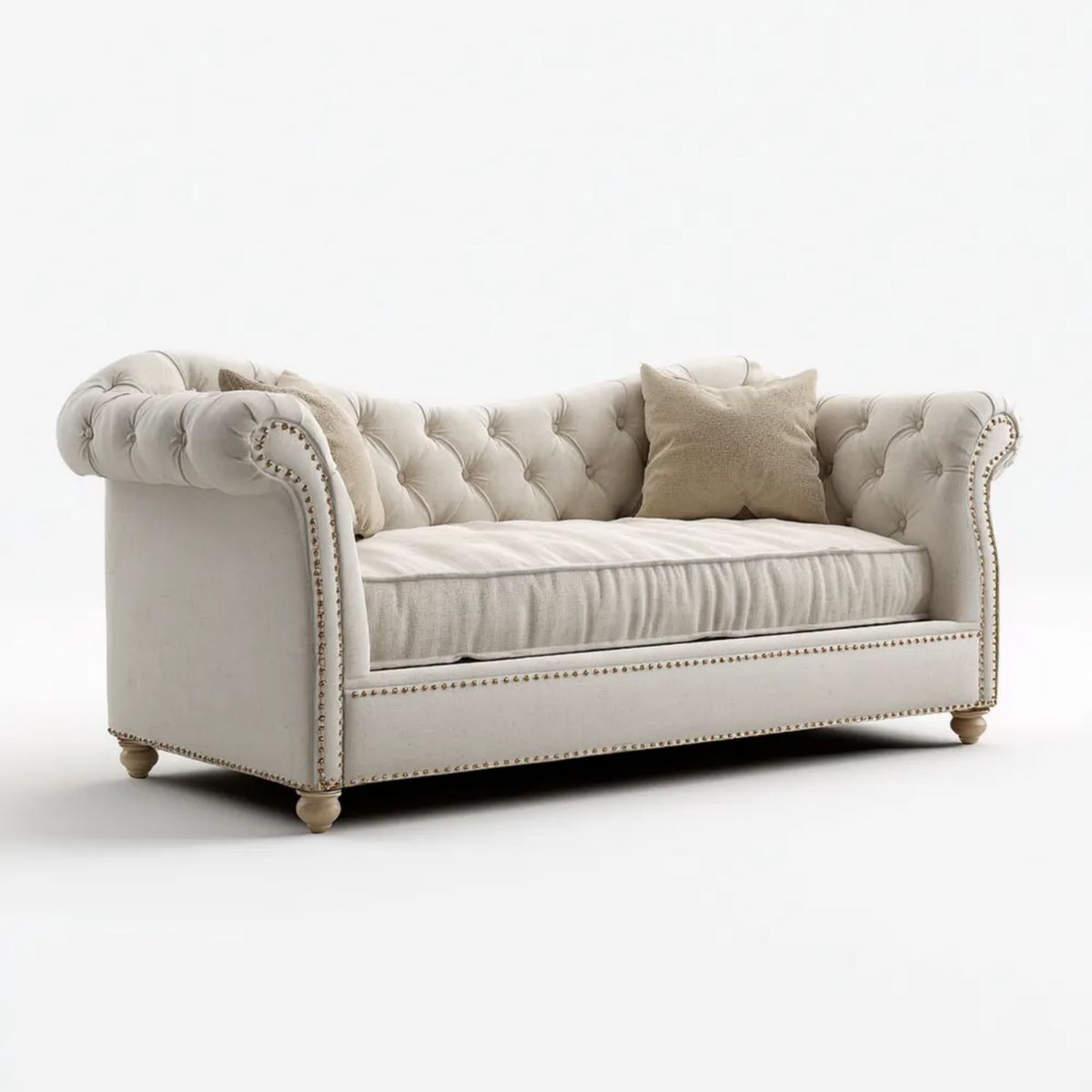 Trzyosobowa sofa Chesterfield kremowo-beżowa z tapicerką poliestrową, 220 x 95 x 78 cm