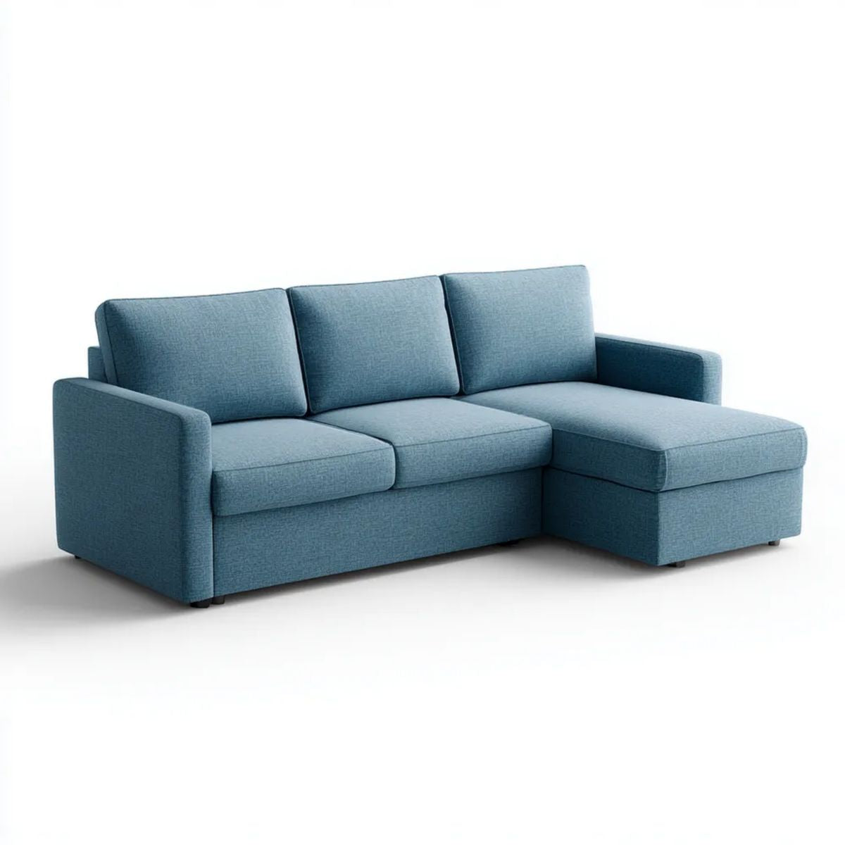Niebieska sofa narożna z prawostronnym szezlongiem, tapicerowana tkaniną, 220 × 145 × 85 cm