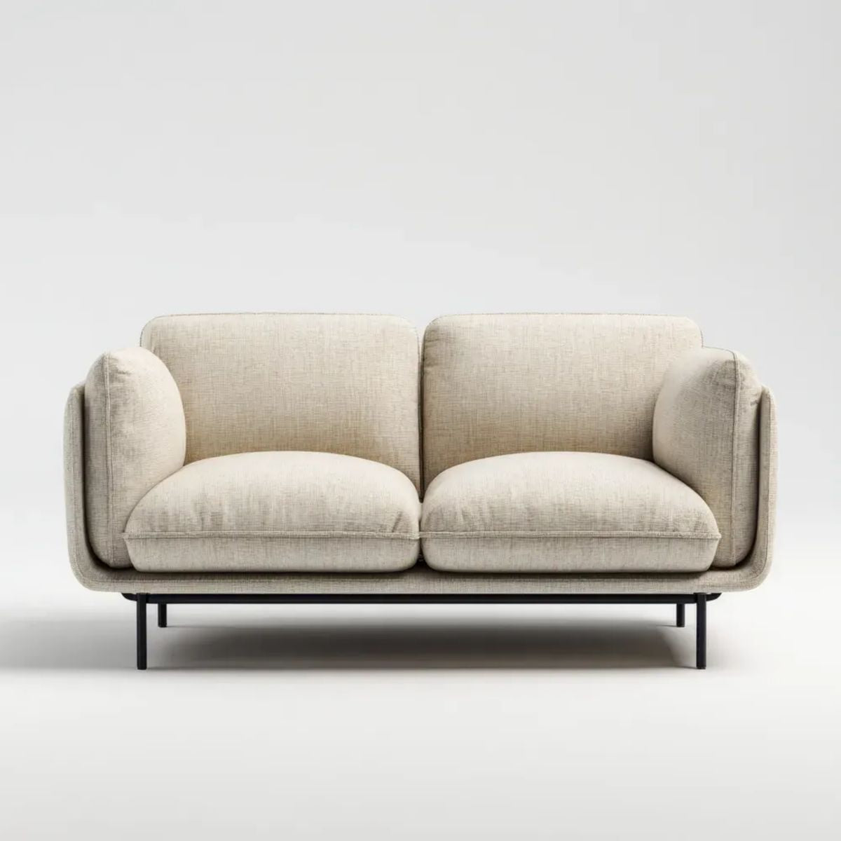 Beżowa sofa dwuosobowa z tkaniny na stalowych nogach, 160 x 85 x 78 cm