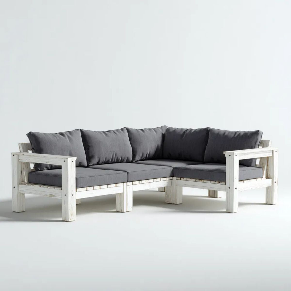 4-osobowa narożna sofa ogrodowa z drewna w kształcie L, biało-ciemnoszara, 200 x 200 x 70 cm