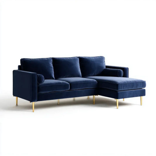 Granatowa sofa narożna z szezlongiem z aksamitu, prawostronna, 250 x 160 x 85 cm