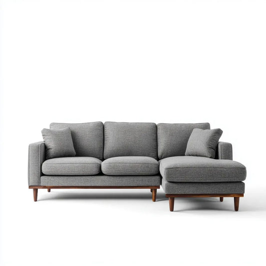 Szara sofa narożna w kształcie L z prawostronnym szezlongiem, tkanina poliestrowa, 250 × 160 × 85 cm
