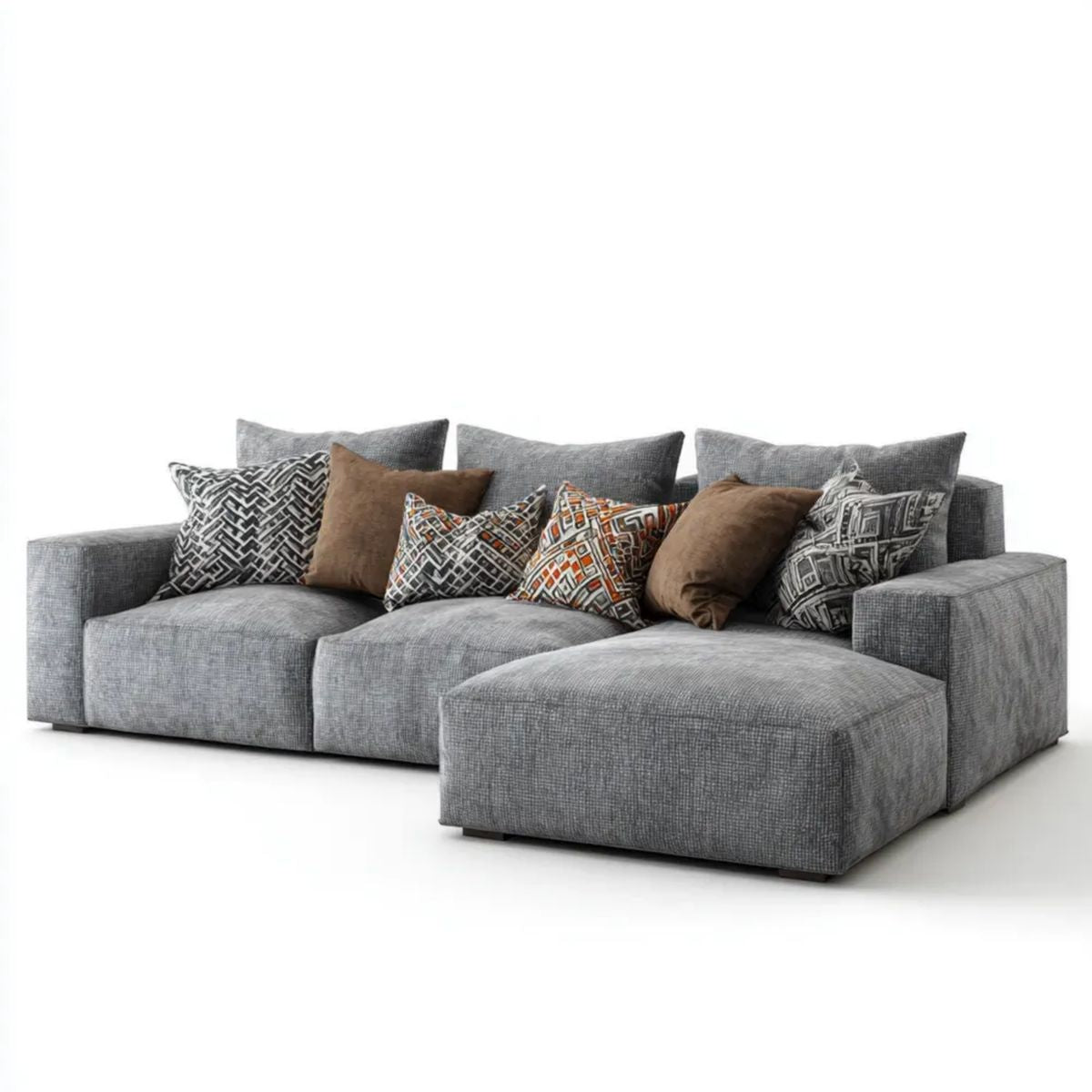5-osobowa sofa narożna z prawostronnym szezlongiem, tapicerowana tkaniną, szara, 300 × 170 × 85 cm