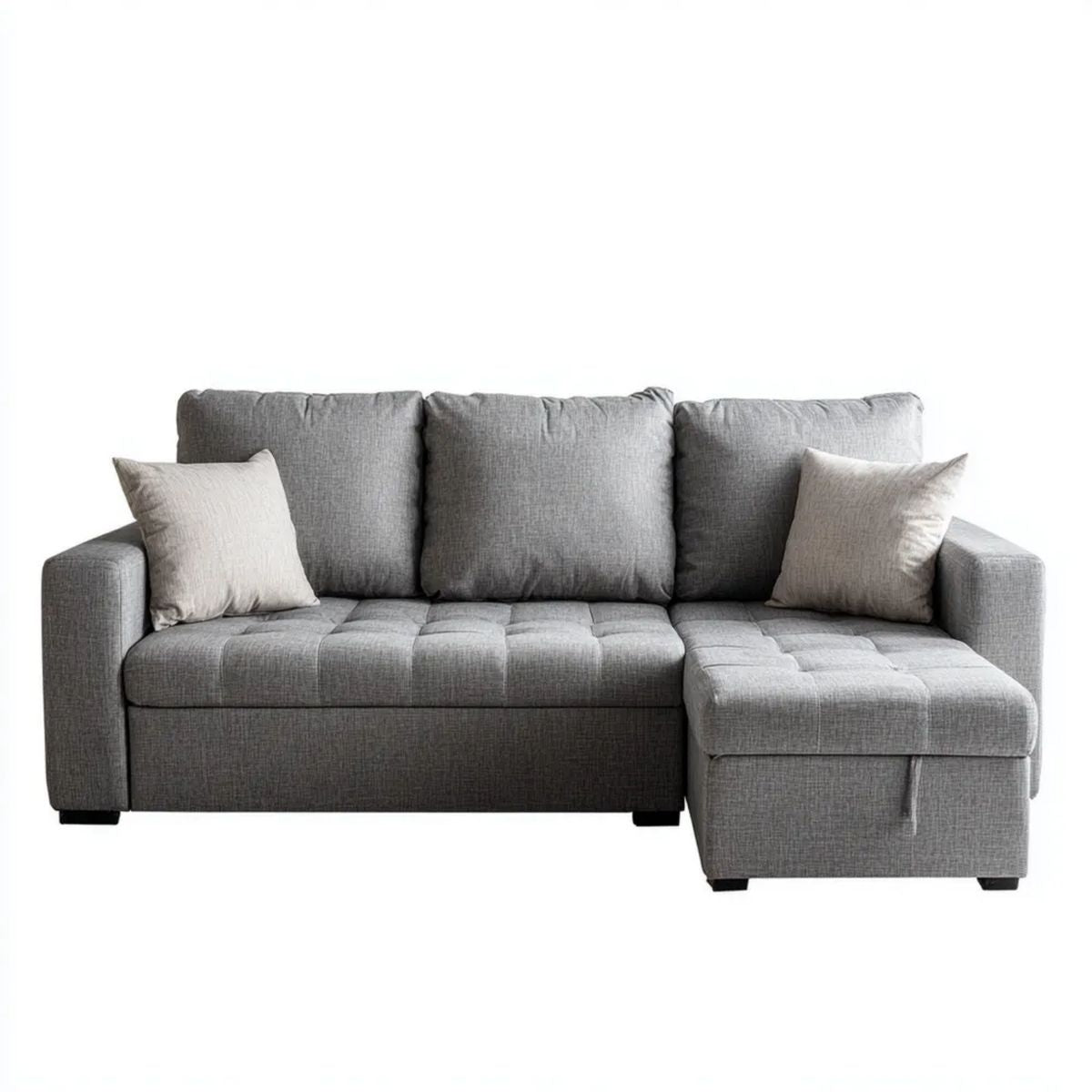 Szara sofa narożna z prawostronnym szezlongiem, tapicerka poliestrowa, 230 x 150 x 85 cm