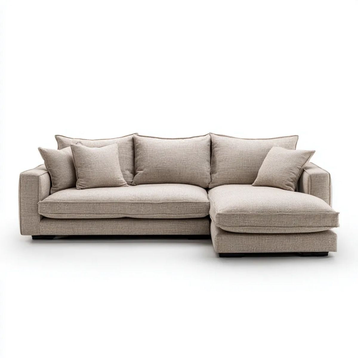 Beżowa sofa narożna z szezlongiem po prawej stronie, tapicerka poliestrowa, 260 × 160 × 85 cm