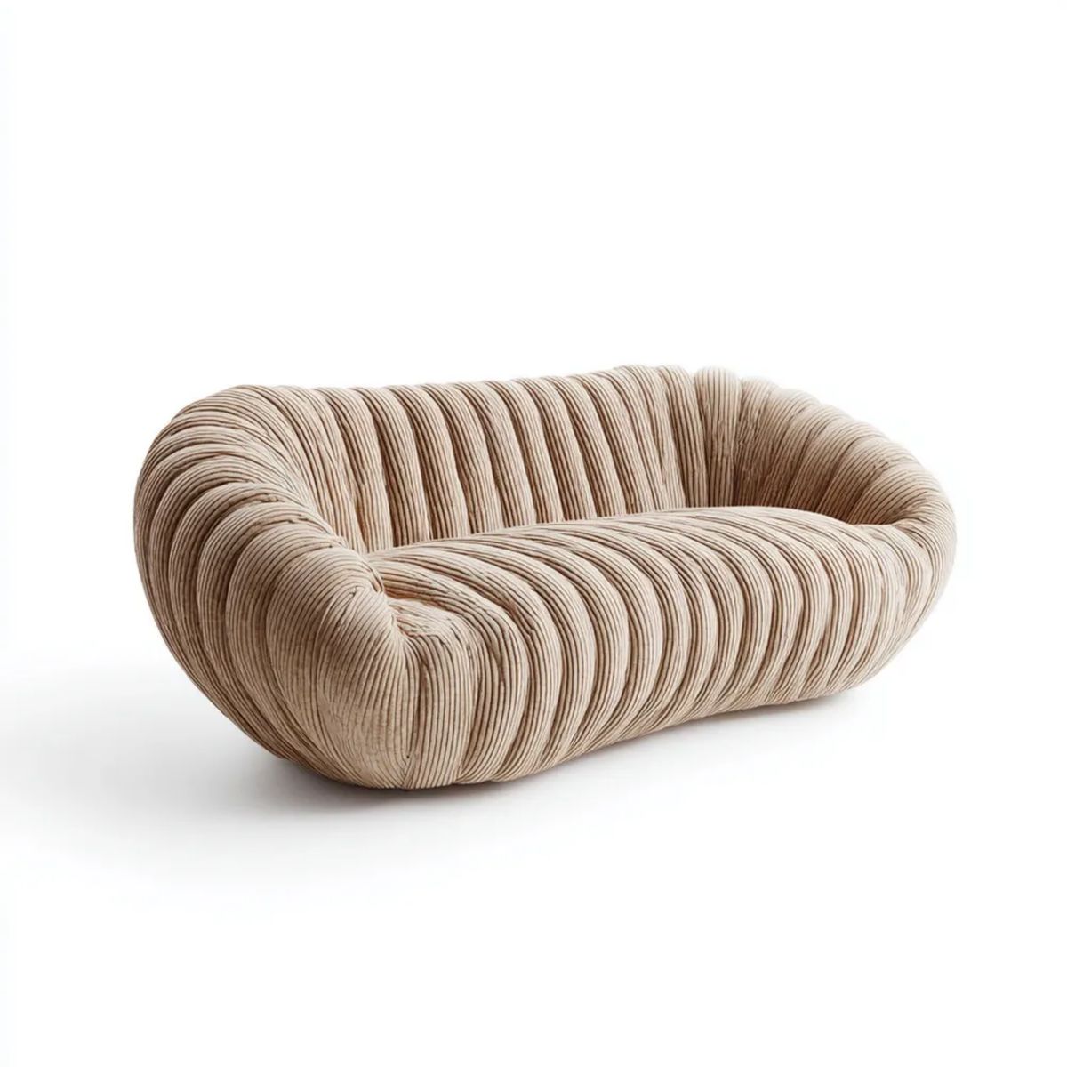 Beżowa sofa dwuosobowa z prążkowaną tapicerką poliestrową, owalna, 170 × 95 × 70 cm