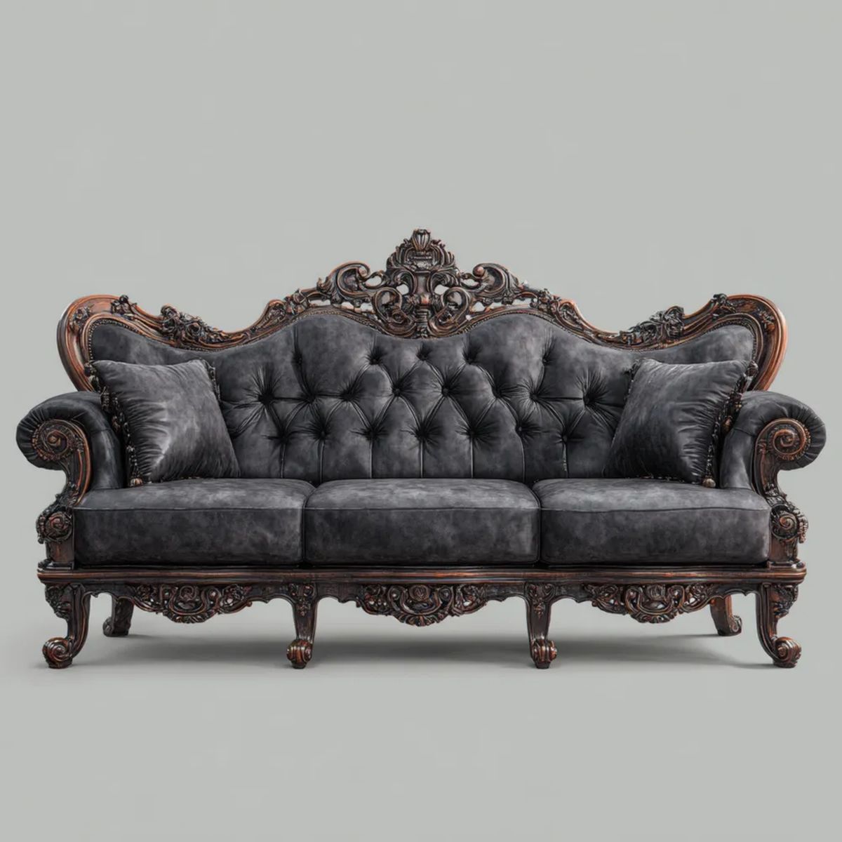 Trzyosobowa sofa czarna z welurową tapicerką i rzeźbioną drewnianą ramą, 240 × 95 × 125 cm