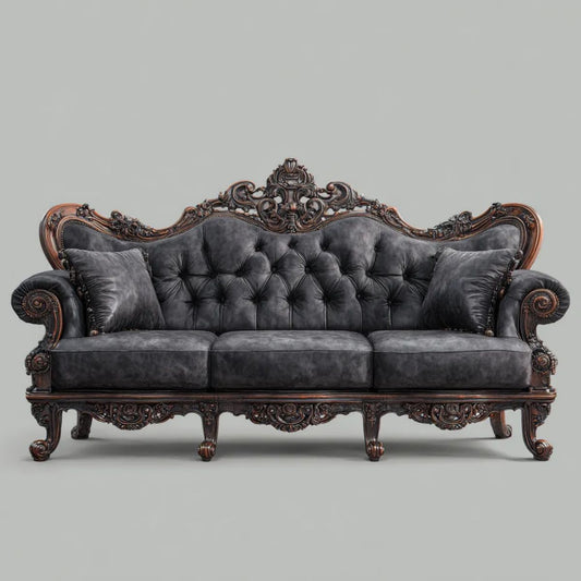 Trzyosobowa sofa czarna z welurową tapicerką i rzeźbioną drewnianą ramą, 240 × 95 × 125 cm