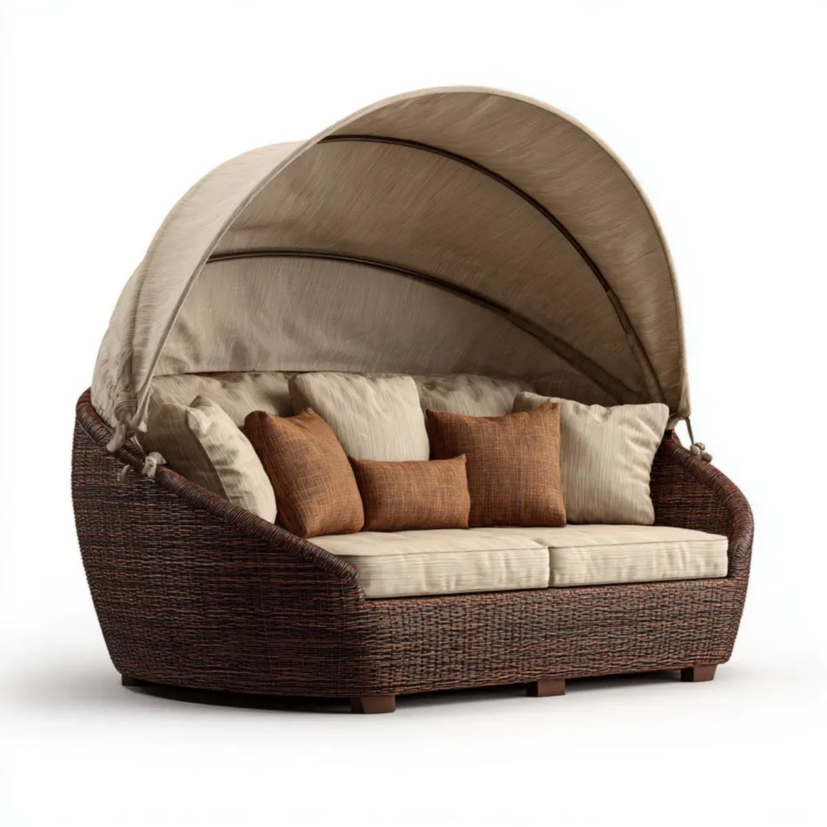 Dwuosobowa sofa ogrodowa z daszkiem z technorattanu, brązowo-beżowa, półokrągła, 180 x 90 x 170 cm