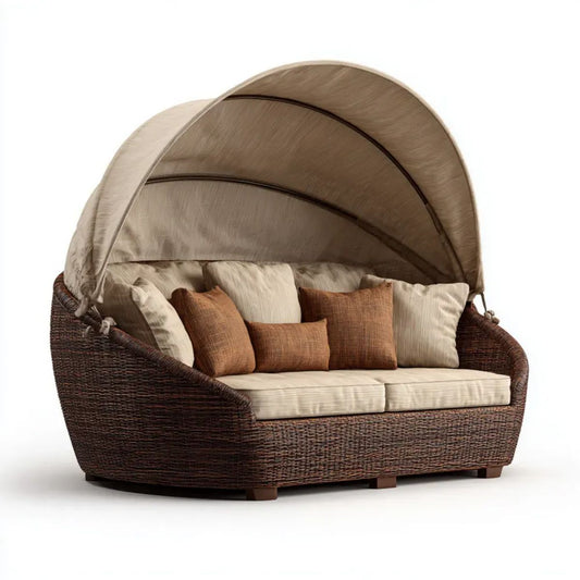 Dwuosobowa sofa ogrodowa z daszkiem z technorattanu, brązowo-beżowa, półokrągła, 180 x 90 x 170 cm