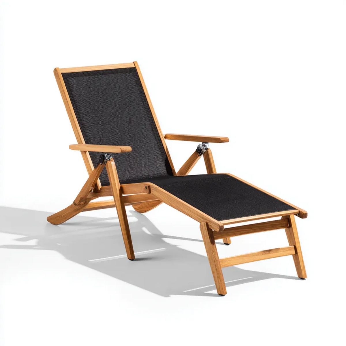 Składany leżak ogrodowy drewniany z tkaniną Textilene, czarno-naturalny brąz, 195 x 65 x 95 cm