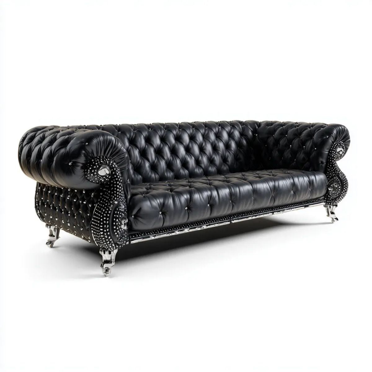 Trzyosobowa sofa Chesterfield z ekoskóry czarno-srebrna 230 × 95 × 78 cm
