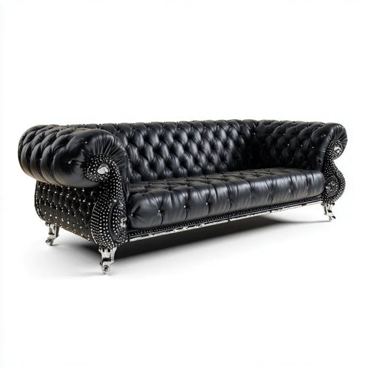 Trzyosobowa sofa Chesterfield z ekoskóry czarno-srebrna 230 × 95 × 78 cm