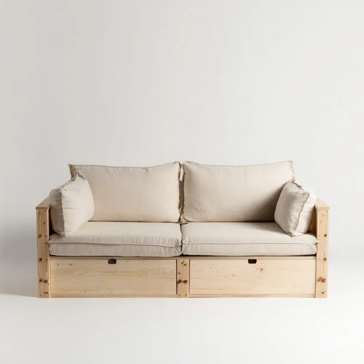 Dwuosobowa sofa sosnowa z 2 pojemnikami i poduszkami, beżowa, 200 x 75 x 85 cm