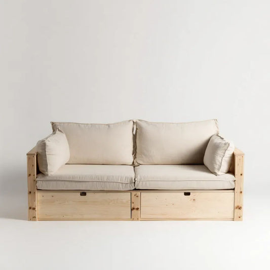Dwuosobowa sofa sosnowa z 2 pojemnikami i poduszkami, beżowa, 200 x 75 x 85 cm