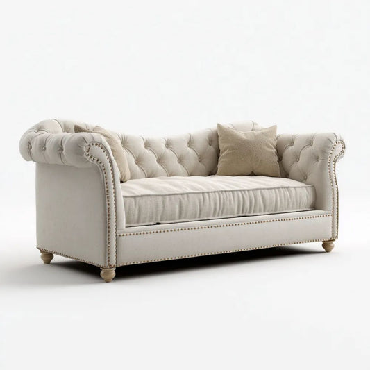 Trzyosobowa sofa Chesterfield kremowo-beżowa z tapicerką poliestrową, 220 x 95 x 78 cm