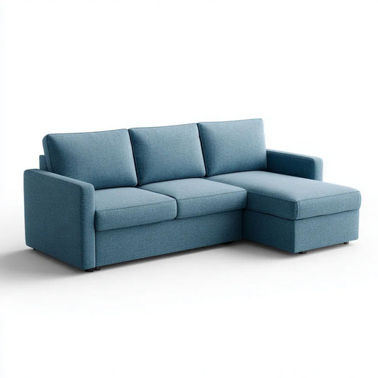 Niebieska sofa narożna z prawostronnym szezlongiem, tapicerowana tkaniną, 220 × 145 × 85 cm