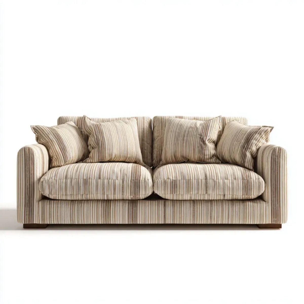Dwuosobowa sofa z tapicerką poliestrową w beżowo-brązowo-kremowe paski, 180 x 90 x 85 cm