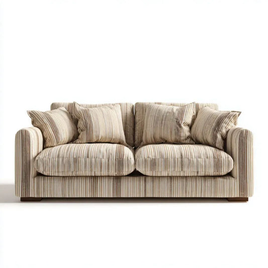 Dwuosobowa sofa z tapicerką poliestrową w beżowo-brązowo-kremowe paski, 180 x 90 x 85 cm